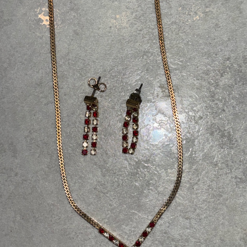 Avon Gold-Tone Necklace and Red-Clear Stone Earring Set